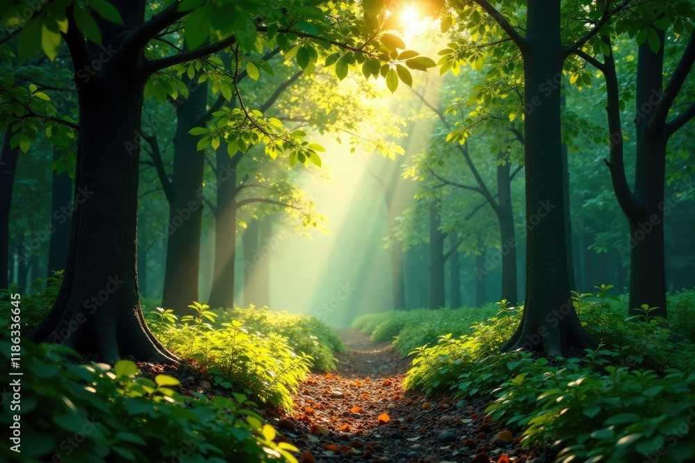 Fototapeta premium Soft light filtering through leafy branches, illuminating forest floor, forest, foliage