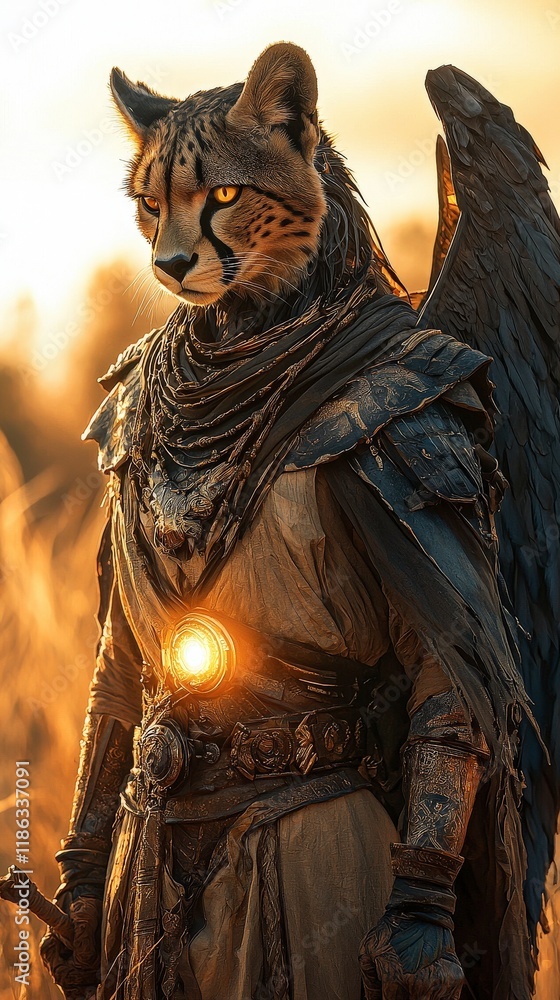 Fototapeta premium Illustration - Majestic Winged Warrior at Sunset