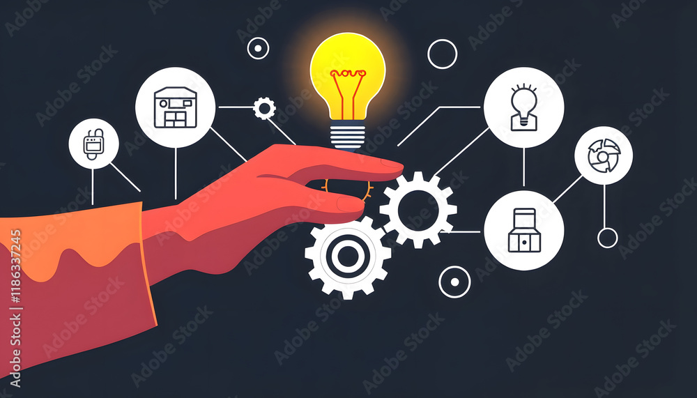 New technology invention concept, engineer hand holding gears icons, innovation and development, vector style, with white tones New technology invention concept, engineer hand holding gears icons, innovation and development, vector style, with white tones