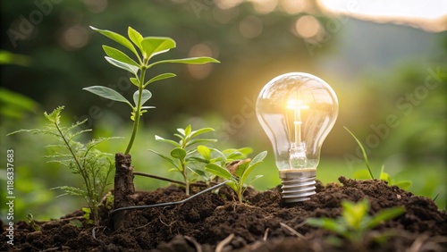 Foco de luz rodeado de plantas, concepto ecológico y ahorro de energía photo