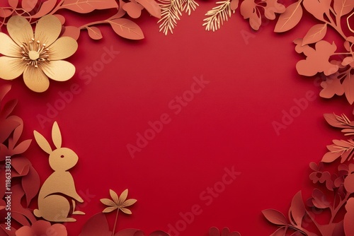 Elegant Minimalist Border Featuring Gold Paper Cut Flowers and a Bunny for Celebrating Easter and the Chinese New Year in a Vibrant Red Background