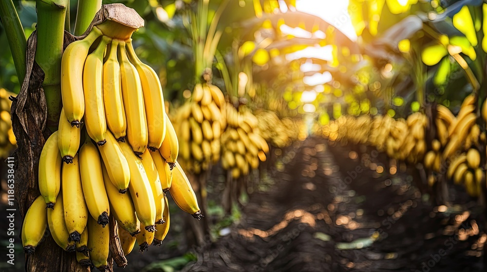 Naklejka premium Ripe yellow bananas growing on a plantation.