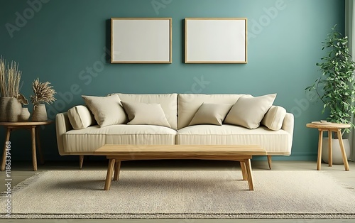 Modern living room, beige sofa, teal walls, wooden coffee table, interior design, home decor photo