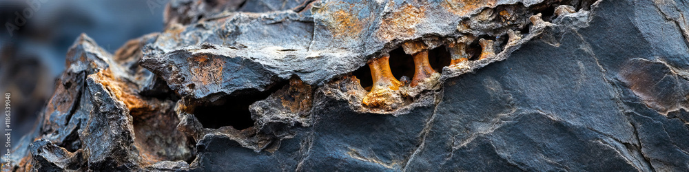 Close-up Photograph of Gray Rock with Orange Mineral Inclusions