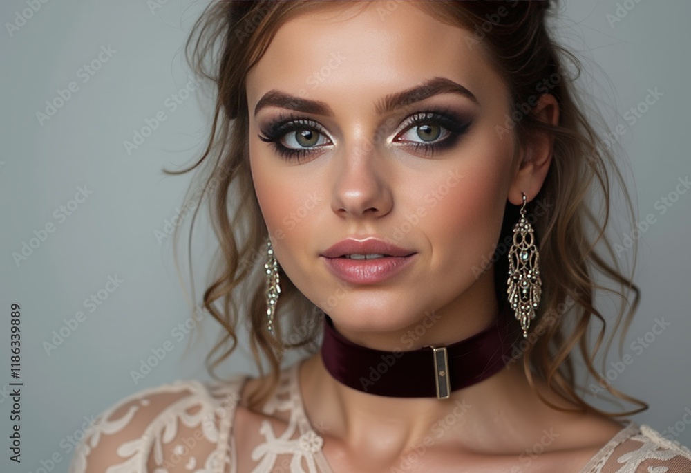 Elegant Lace Dress and Velvet Choker with Long Ornate Earrings Creating a Sophisticated and Stylish Look Elegant Lace Dress and Velvet Choker with Long Ornate Earrings Creating a Sophisticated and Stylish Look
