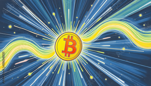 Bitcoin with a lot of rays and energy, crayon drawing, with white tones