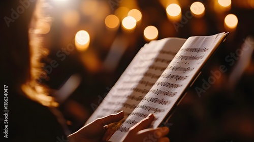 Woman reading sheet music during a choral performance