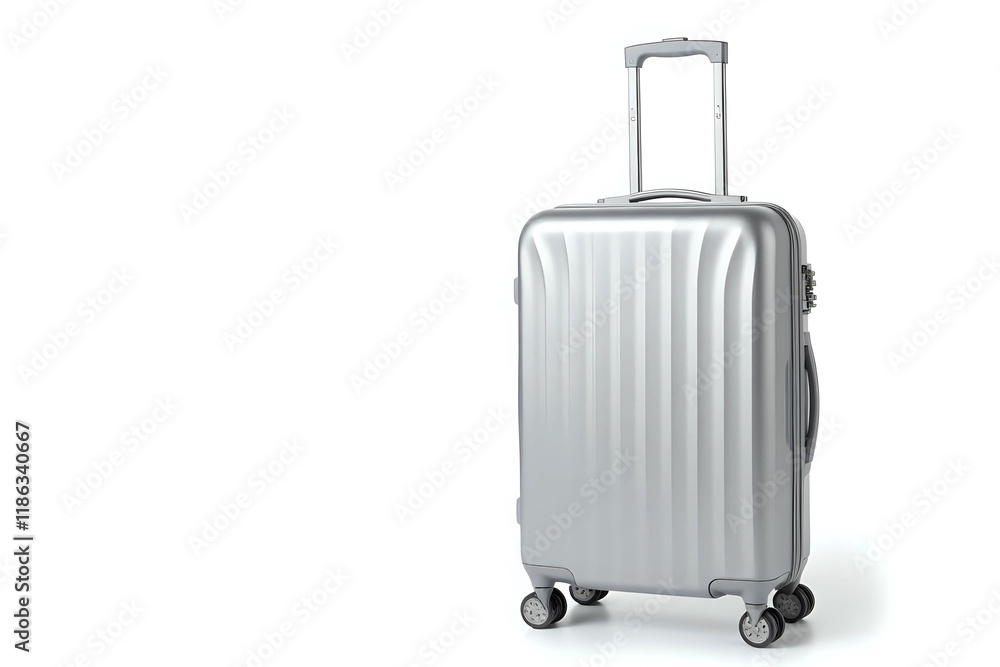 Silver travel suitcase isolated white background with copy-space. Travel concept Silver travel suitcase isolated white background with copy-space. Travel concept