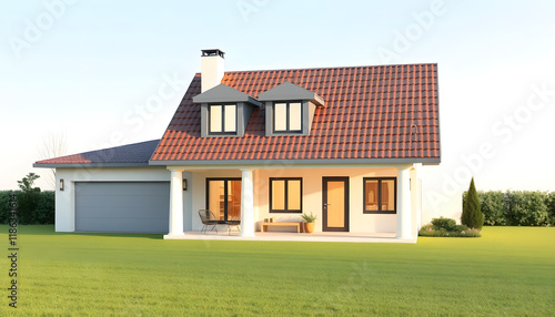 3D render home thermally insulated with polystyrene walls - Buildings energy efficiency concept image with energy classes according to the new European law, smooth light, with white tones photo