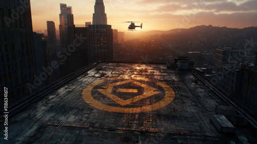 Rooftop, A photorealistic image of a rooftop helipad showcasing modern design and architecture, ideal for commercial and promotional use in real estate and aviation. photo