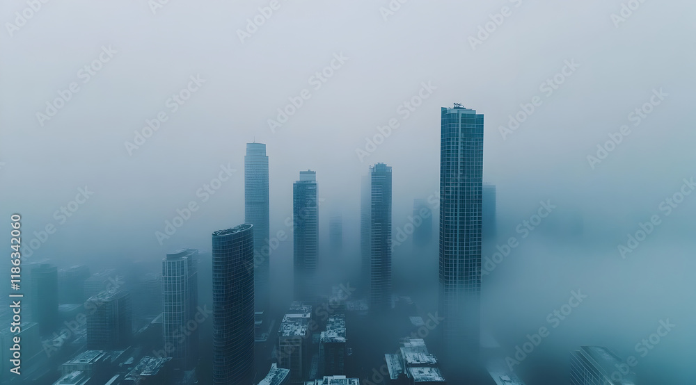 Fototapeta premium A foggy skyline with towering skyscrapers partially obscured, creating a mysterious and atmospheric urban landscape.