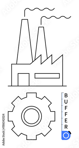 Factory building with chimneys, gear representing machinery, and buffer gauge for measuring stability. Ideal for manufacturing, automation, efficiency, process control, industrial design, analytics