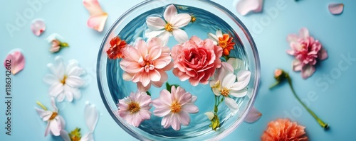Floral arrangement in water, vibrant blossoms floating in a clear bowl, set against a light blue background, serene and calming aesthetic with delicate petals