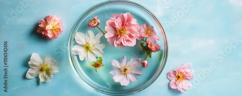 Floral arrangement in water, vibrant blossoms floating in a clear bowl, set against a light blue background, serene and calming aesthetic with delicate petals