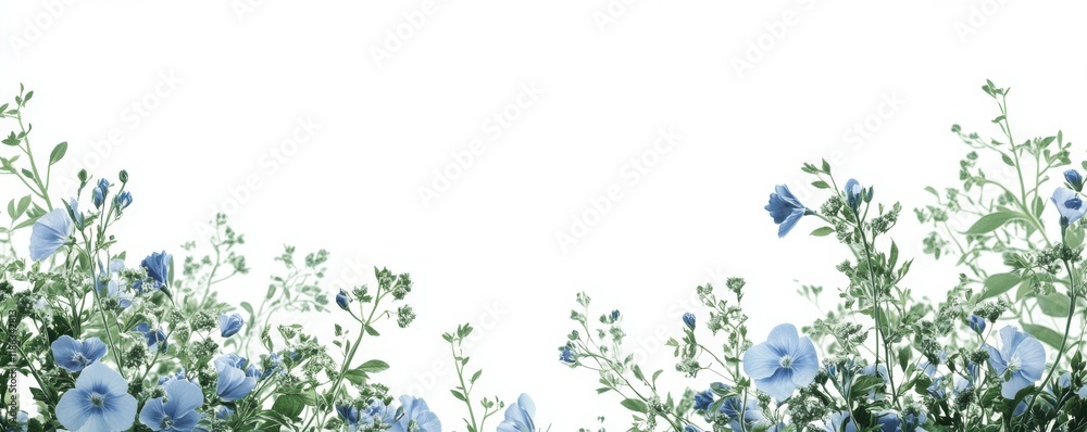 Obraz premium Floral border design featuring blue flowers and green foliage, perfect for invitations, greeting cards, and elegant backgrounds with a soft white backdrop