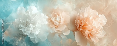 Floral art composition, soft colors, abstract style, featuring large blooming flowers in beige, white, and muted turquoise background, capturing a serene and dreamy