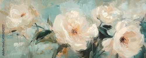 Floral art composition, soft colors, abstract style, featuring large blooming flowers in beige, white, and muted turquoise background, capturing a serene and dreamy