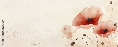 Floral design with abstract flowers in soft colors, featuring poppies and delicate line art Subtle background with gentle shapes enhances the aesthetic