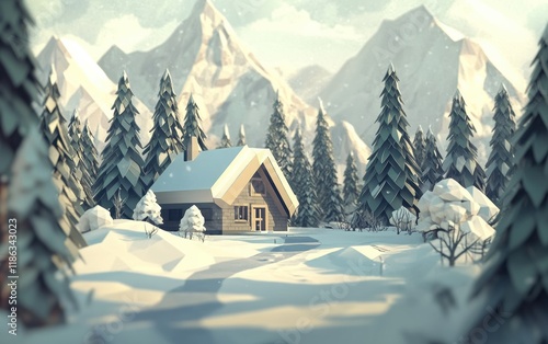 A low poly environment with a snowy mountain scene with angular pine trees and a geometric ski lodge.