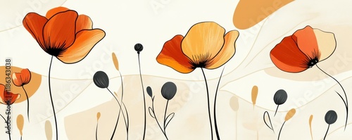 Floral design with poppies and abstract shapes in warm tones, featuring black outlines against a light background, conveying a sense of elegance and