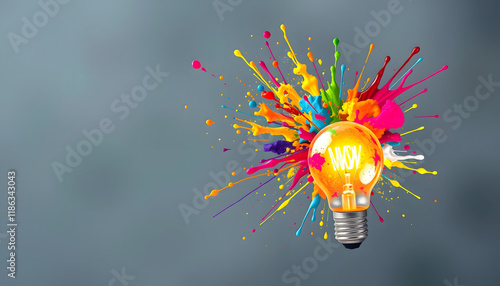 Creative light bulb explodes with colorful paint and colors. New idea, brainstorming concept, with white tones