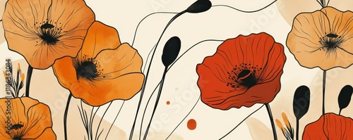 Floral design with poppies and abstract shapes in warm tones, featuring black outlines against a light background, conveying a sense of elegance and