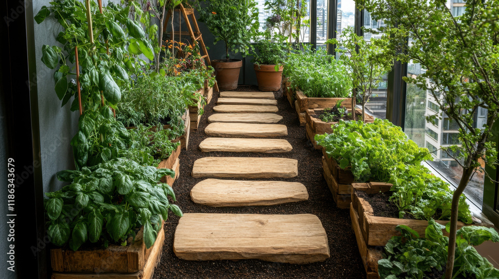Rooftop, A small rooftop garden brimming with aromatic herbs, ideal for culinary use, relaxation, and enhancing urban living aesthetics. Rooftop, A small rooftop garden brimming with aromatic herbs, ideal for culinary use, relaxation, and enhancing urban living aesthetics.