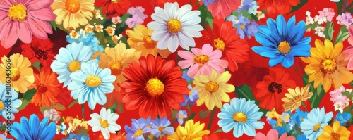Floral pattern design featuring bright daisies and colorful flowers on a vibrant red background Perfect for textiles, wallpaper, or summer themed projects