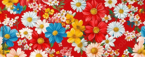 Floral pattern design featuring bright daisies and colorful flowers on a vibrant red background Perfect for textiles, wallpaper, or summer themed projects