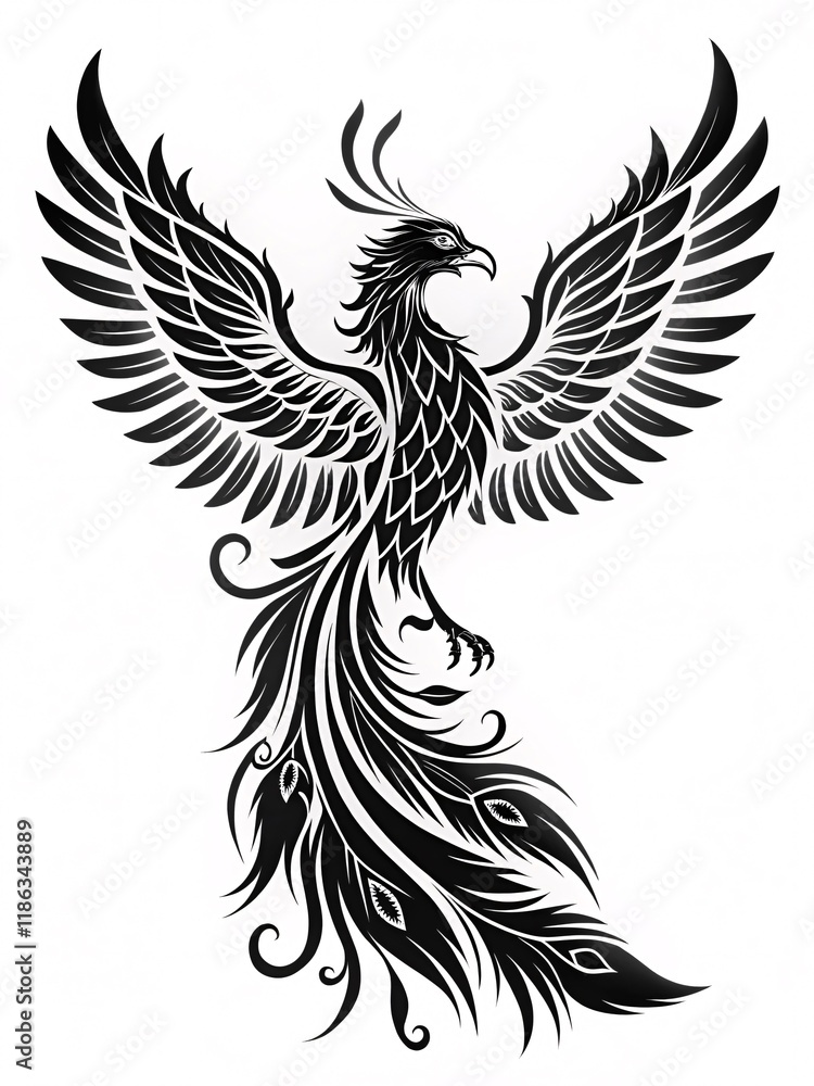 Obraz premium Majestic Phoenix Rising: A Vertical Black-and-White Tattoo Design Showcasing Grace and Power Against a Clean White Canvas, Embodying Rebirth and Eternal Strength.