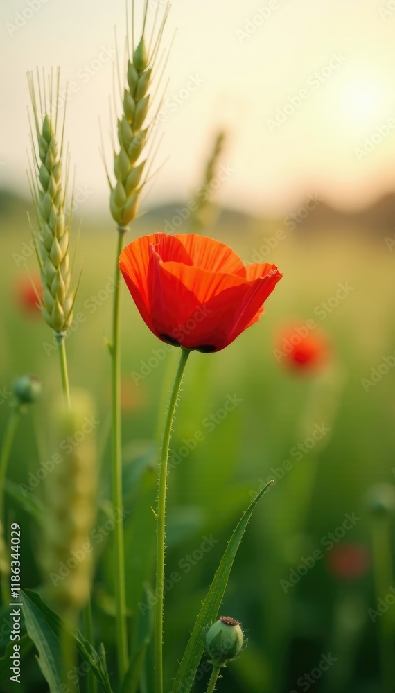 A delicate red poppy flower blooms among tall wheat stalks, nature, bloom, green grass A delicate red poppy flower blooms among tall wheat stalks, nature, bloom, green grass