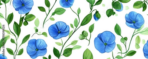 Floral pattern with blue flowers and green leaves on a white background, perfect for textile design or home decor Bright, fresh, and vibrant