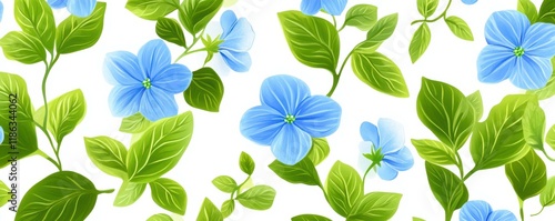 Floral pattern with blue flowers and green leaves on a white background, perfect for textile design or home decor Bright, fresh, and vibrant