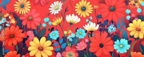 Floral pattern with vibrant colors on a red background featuring daisies and other blooming flowers, ideal for design, fabric, or wallpaper