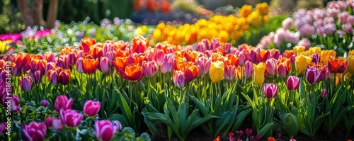 flowers, garden, , nature, spring, vibrant colors, celebration, fresh, greenery, seasonal blooms, growth, bright hues, outdoor scene, joyful atmosphere, floral display The image features vibrant