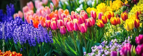 flowers, garden, , nature, spring, vibrant colors, celebration, fresh, greenery, seasonal blooms, growth, bright hues, outdoor scene, joyful atmosphere, floral display The image features vibrant