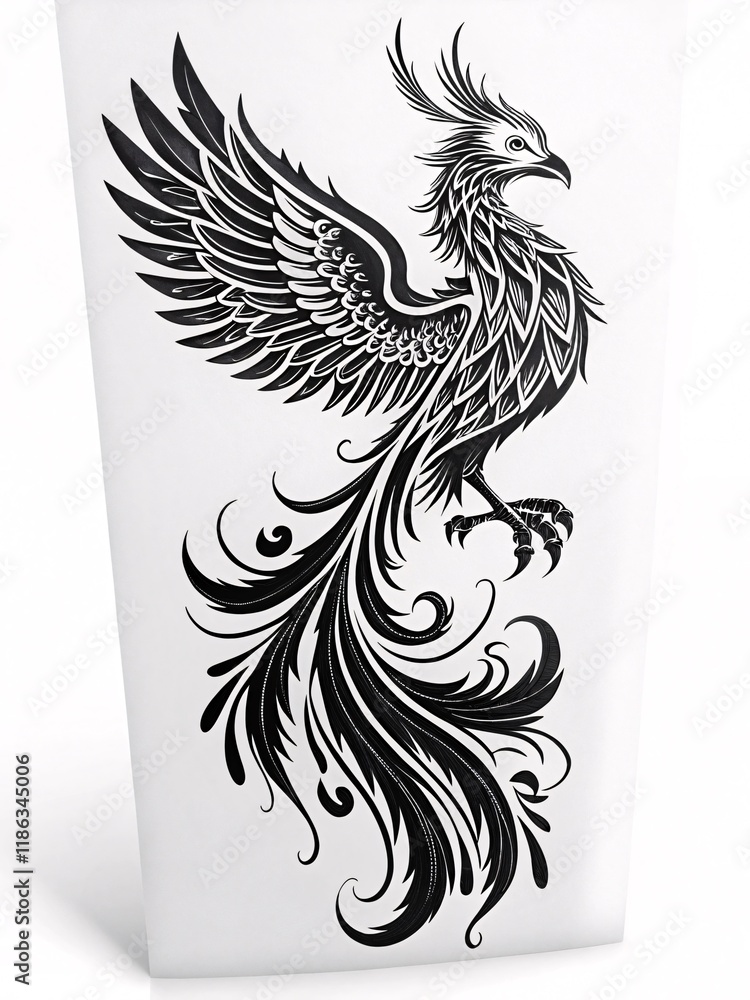 Obraz premium Majestic Phoenix Rising: A Vertical Black-and-White Tattoo Design Showcasing Grace and Power Against a Clean White Canvas, Embodying Rebirth and Eternal Strength.