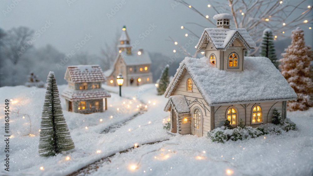 Fototapeta premium A cozy Christmas village scene at night, with snow-covered houses and twinkling lights creating a festive atmosphere. Miniature Christmas trees add to the winter charm.