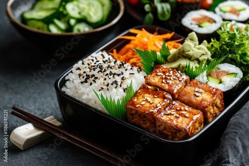 Delicious tofu bento box with colorful vegetables and sushi japanese cuisine restaurant setting close-up view culinary art for healthy eating inspiration photo