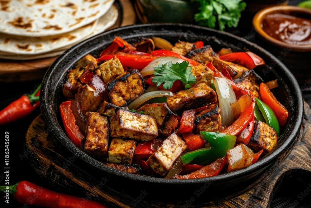 Sizzling pan of tofu fajitas with bell peppers traditional mexican cuisine rustic kitchen close-up shot flavorful plant-based dish Sizzling pan of tofu fajitas with bell peppers traditional mexican cuisine rustic kitchen close-up shot flavorful plant-based dish
