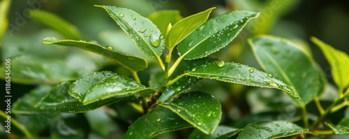 fresh green bush with rain droplets on leaves under a gentle rain shower