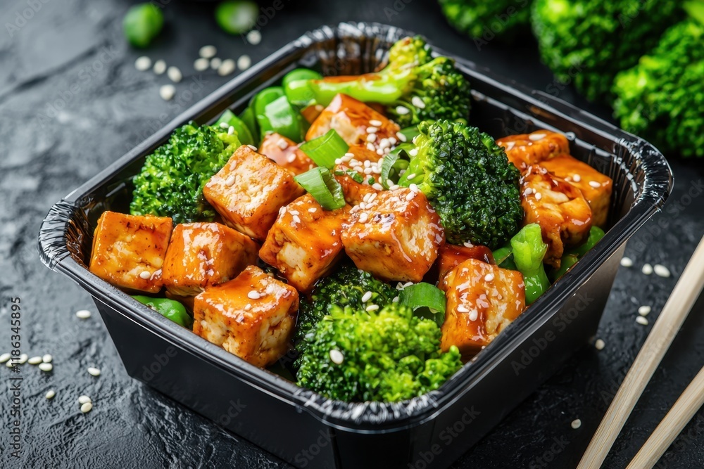 Fototapeta premium Delicious tofu and vegetable stir-fry takeout container urban setting culinary delight vibrant colors close-up view healthy eating concept