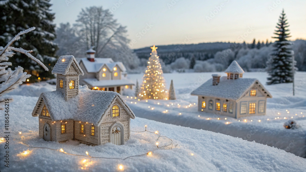 Fototapeta premium A Christmas village with snow-covered houses, twinkling lights, and cozy ambiance in a serene winter setting, evoking a magical holiday spirit.