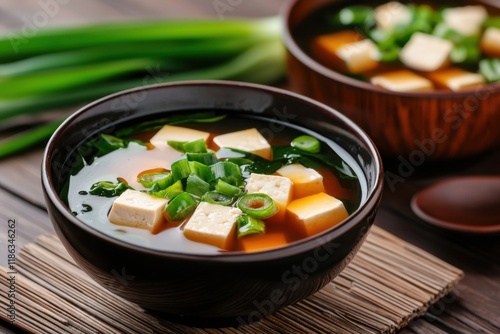 Warm tofu miso soup with seaweed cubes japanese cuisine culinary delight cozy home environment top-down view comfort food concept