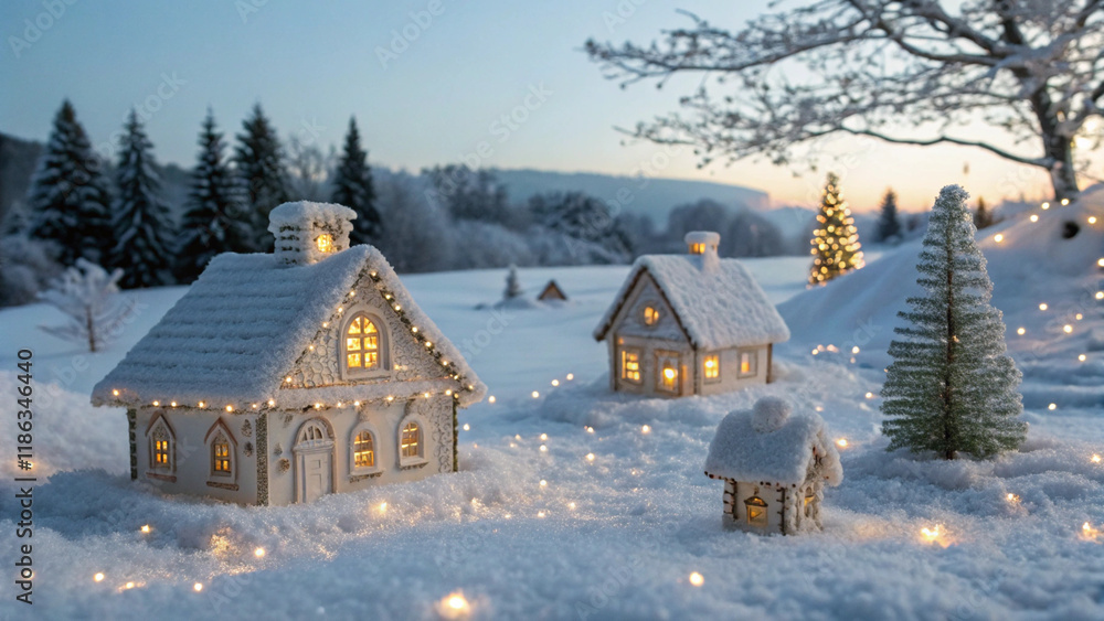 Naklejka premium A picturesque winter village at night, featuring a snow-covered church and quaint wooden houses amidst a serene snowy landscape. Glowing lights create a cozy, inviting atmosphere, perfect for the holi