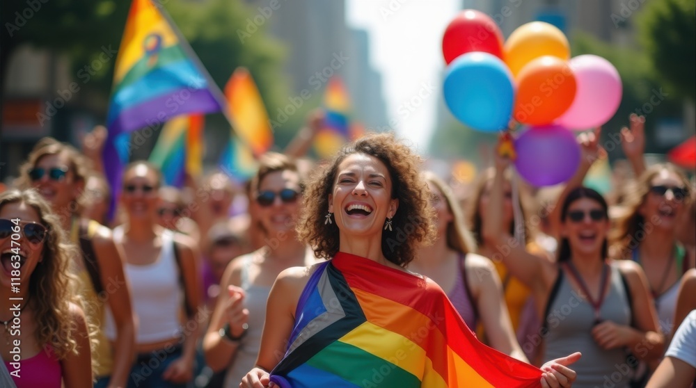 Vibrant Street Parade with Rainbow Flags and Balloons Vibrant Street Parade with Rainbow Flags and Balloons
