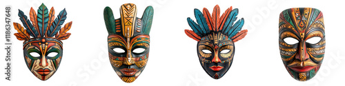 Vibrant Tribal Masks with Colorful Patterns and Ethnic Designs   Collection of hand carved wooden masks with intricate photo