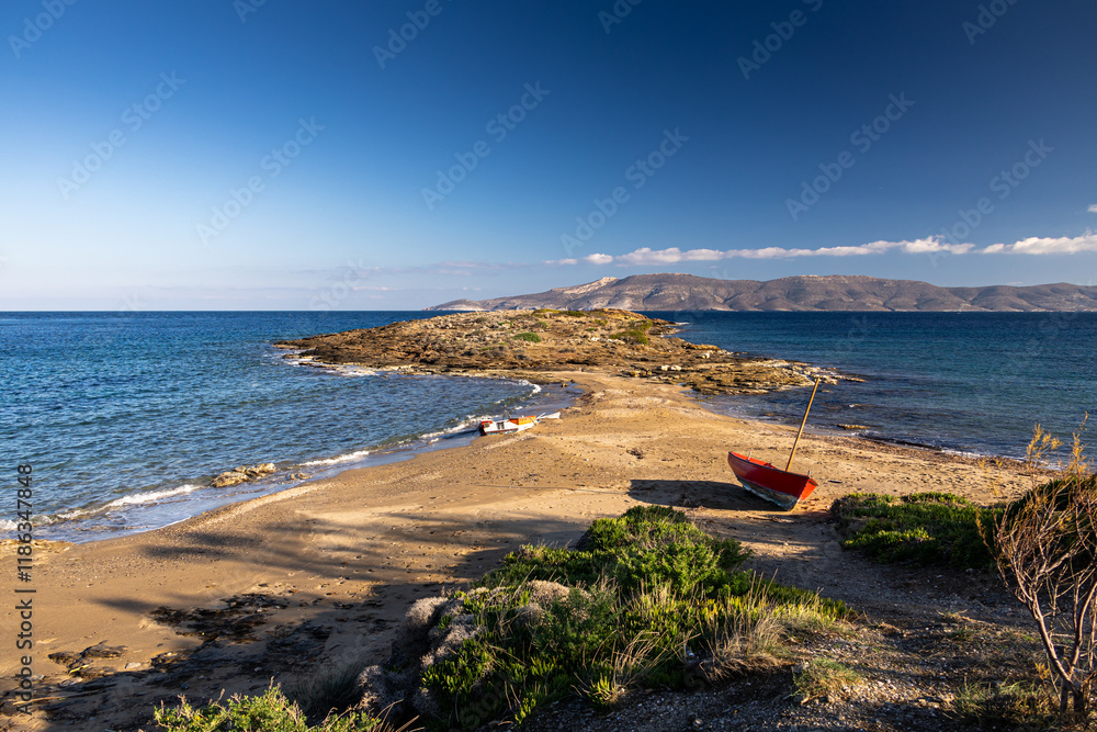 Gold Moon Beach. Beautiful landscape of the sea of Greece during a sunny day in Mikrolimano. Travel to Greece.