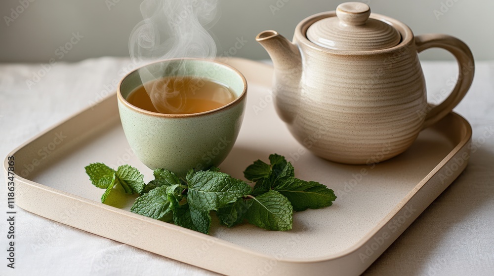 Steaming Cup of Herbal Tea on Beige Tray with Natural Elements Steaming Cup of Herbal Tea on Beige Tray with Natural Elements