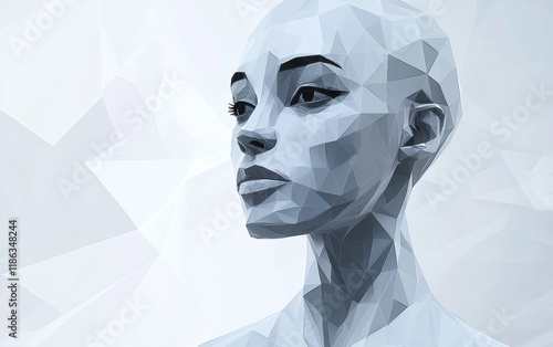 A low poly woman character face model with geometric features in abstract space.  photo